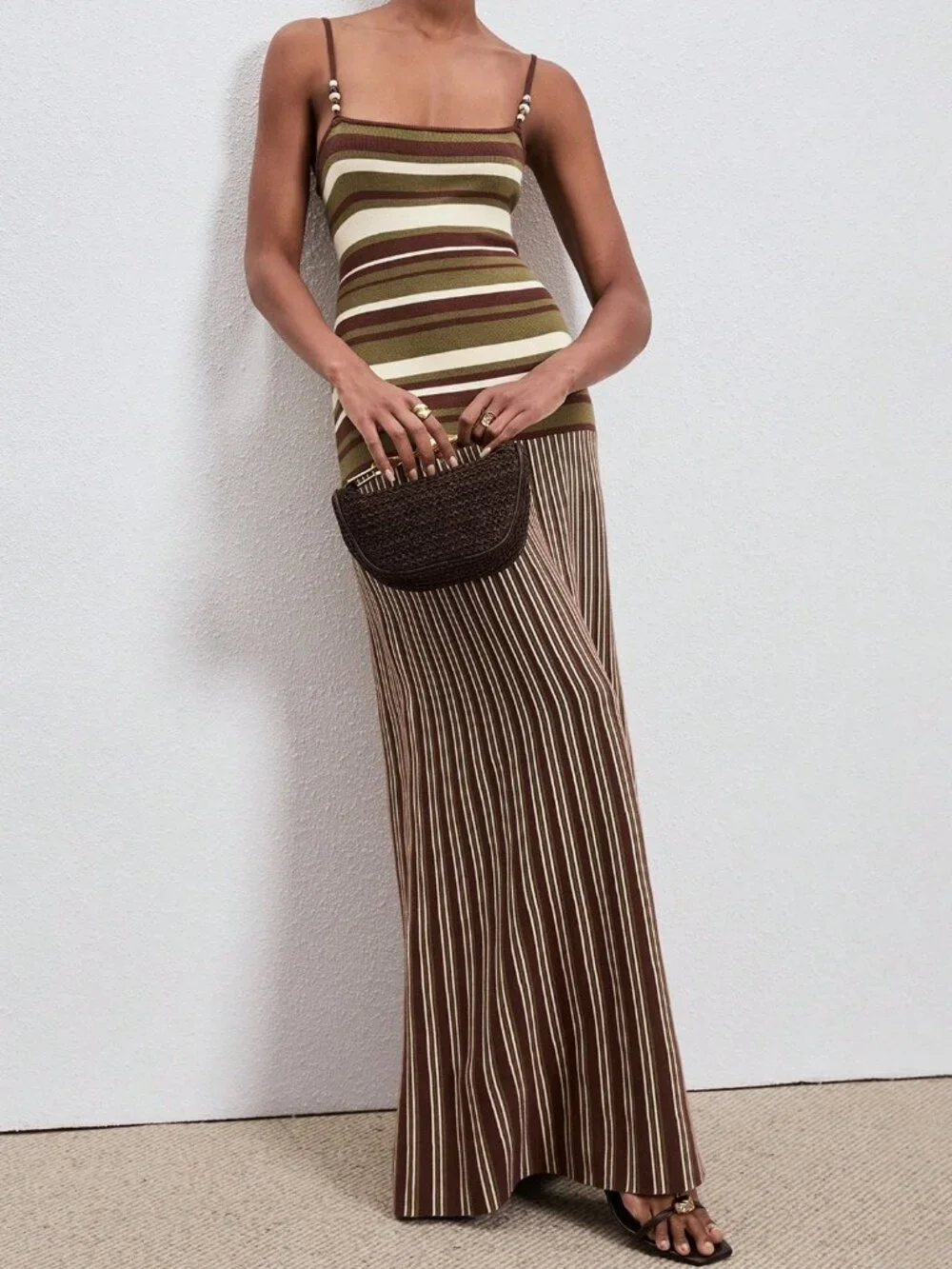 Olive Green Casual Striped Women's Camisole Dress with Beaded Shoulder Straps - Picture 3 of 6